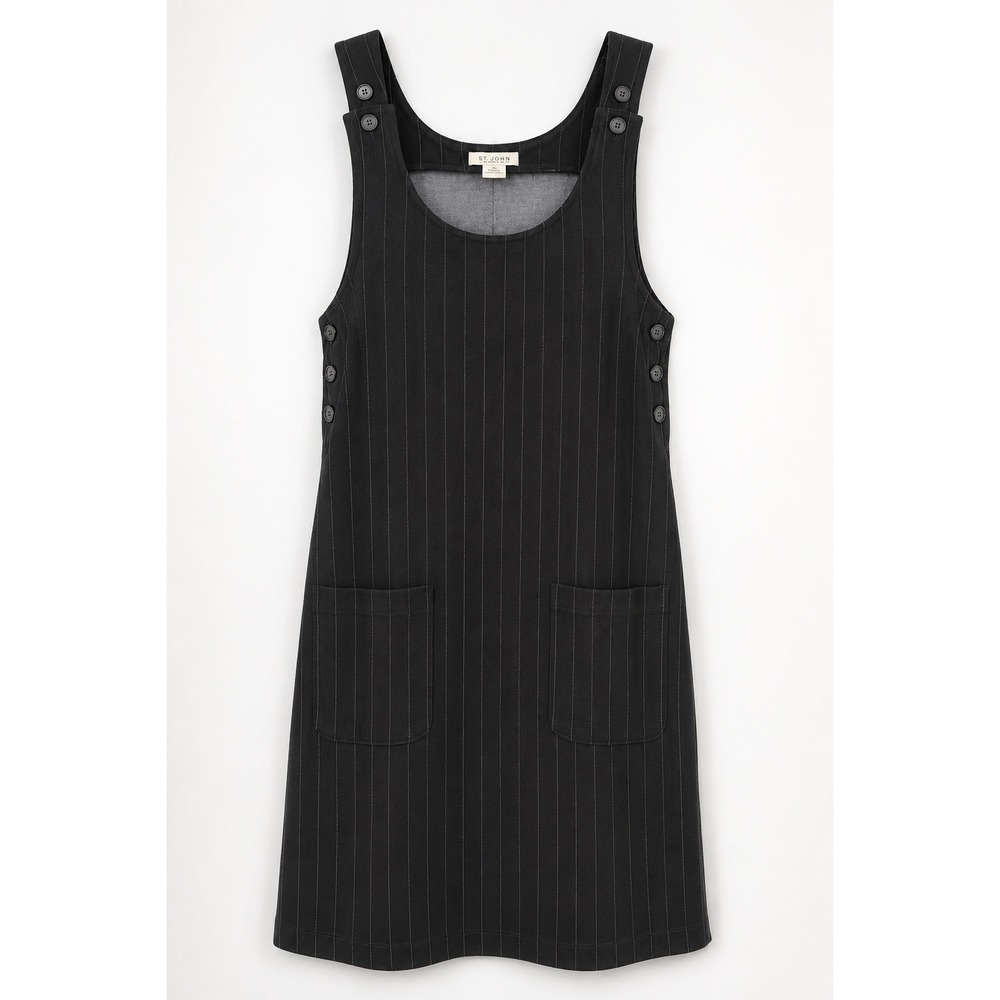 Vintage Currants Jumper Pinafore Dress Black Pinstripe Button Detail Pockets M